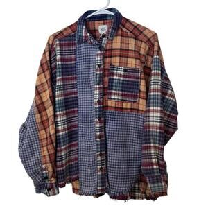 BDG Womens Patchwork Plaid Oversized Button Flannel Size XS Grunge Indie Raw Hem
